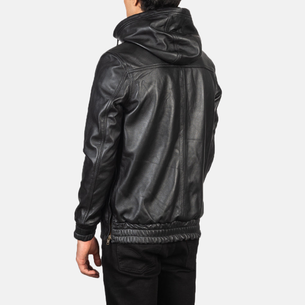 Kenton Hooded Black Leather Pullover Jacket - men's jacket in black sheepskin leather, view 5