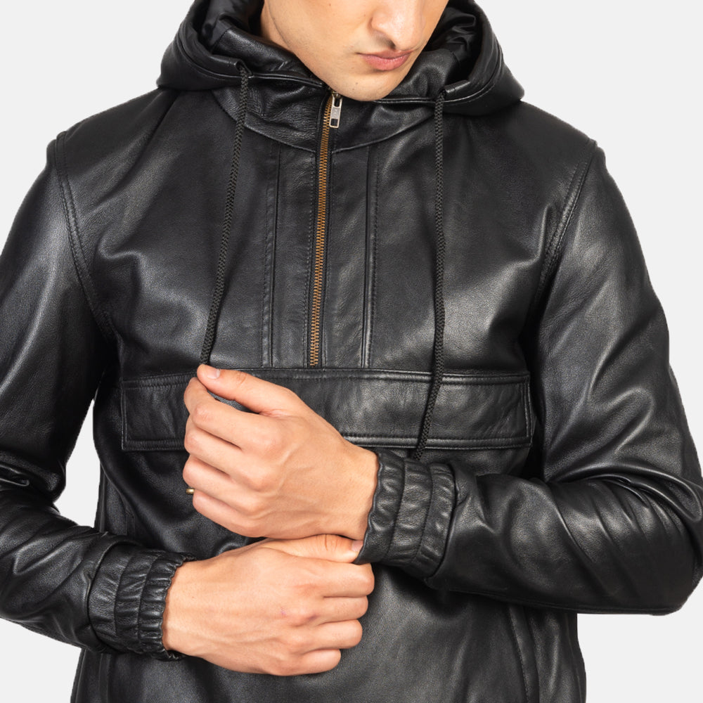 Kenton Hooded Black Leather Pullover Jacket - men's jacket in black sheepskin leather, view 6