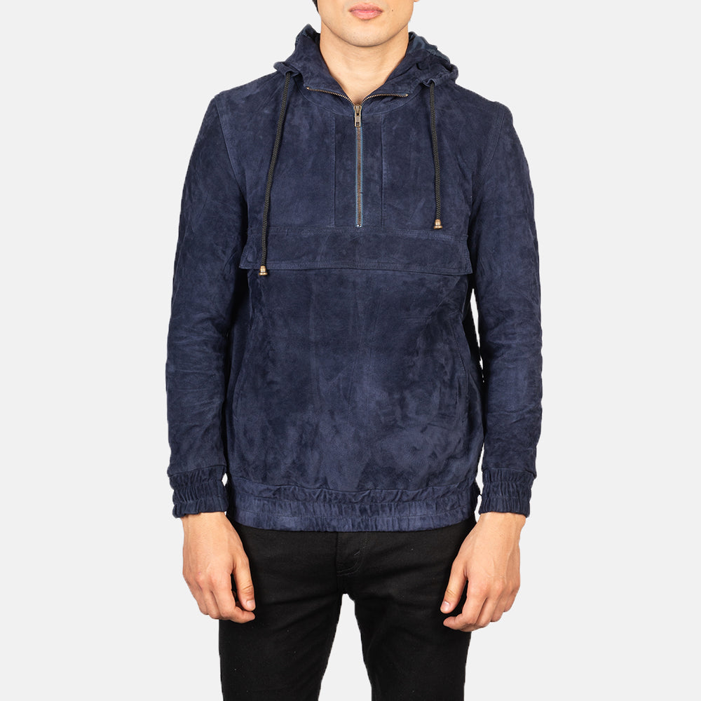 Kenton Hooded Blue Suede Pullover Jacket - men's jacket in blue suede leather, view 1