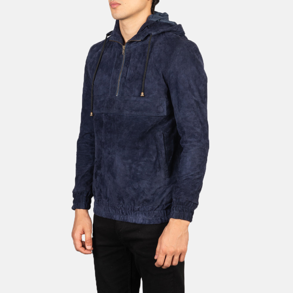 Kenton Hooded Blue Suede Pullover Jacket - men's jacket in blue suede leather, view 2