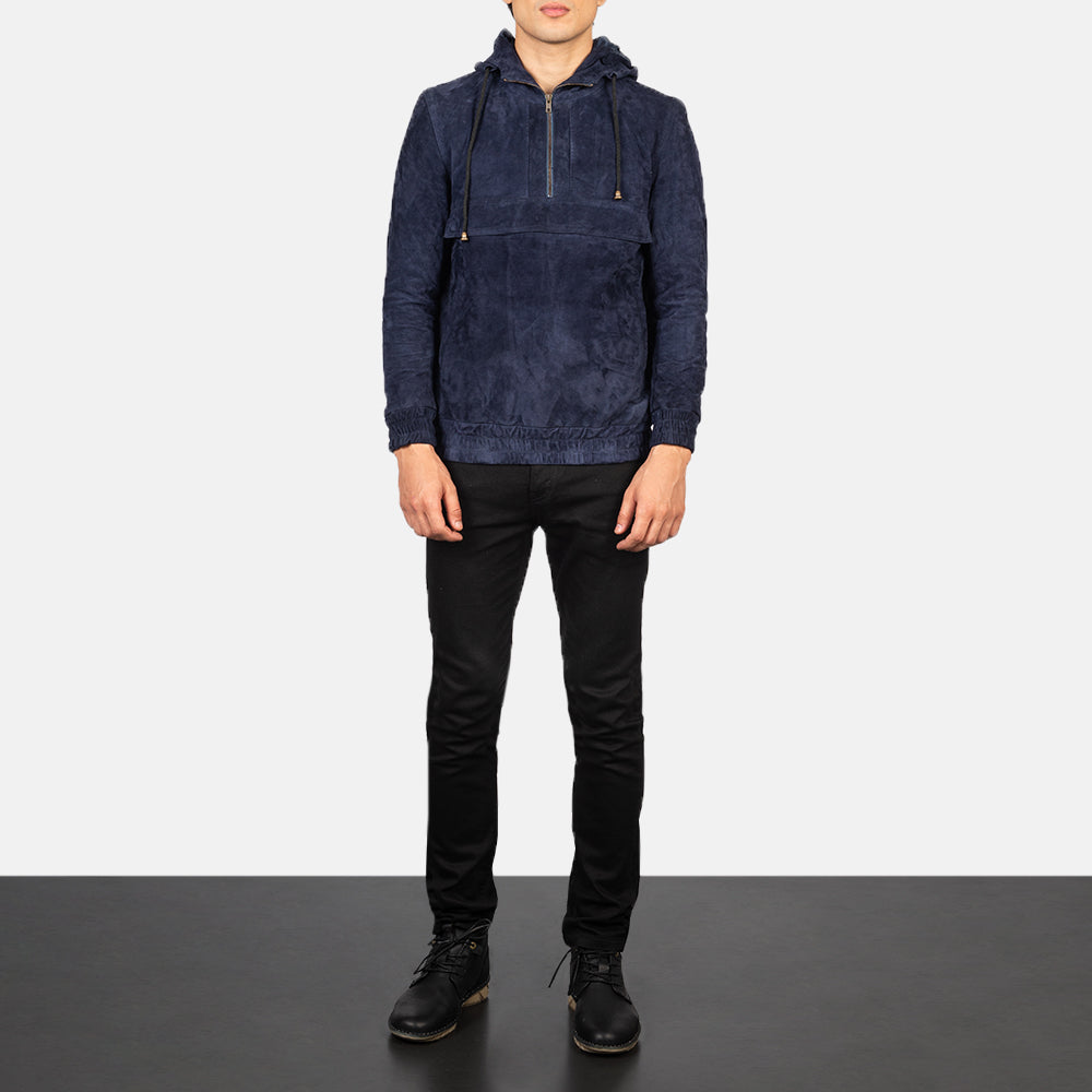 Kenton Hooded Blue Suede Pullover Jacket - men's jacket in blue suede leather, view 3