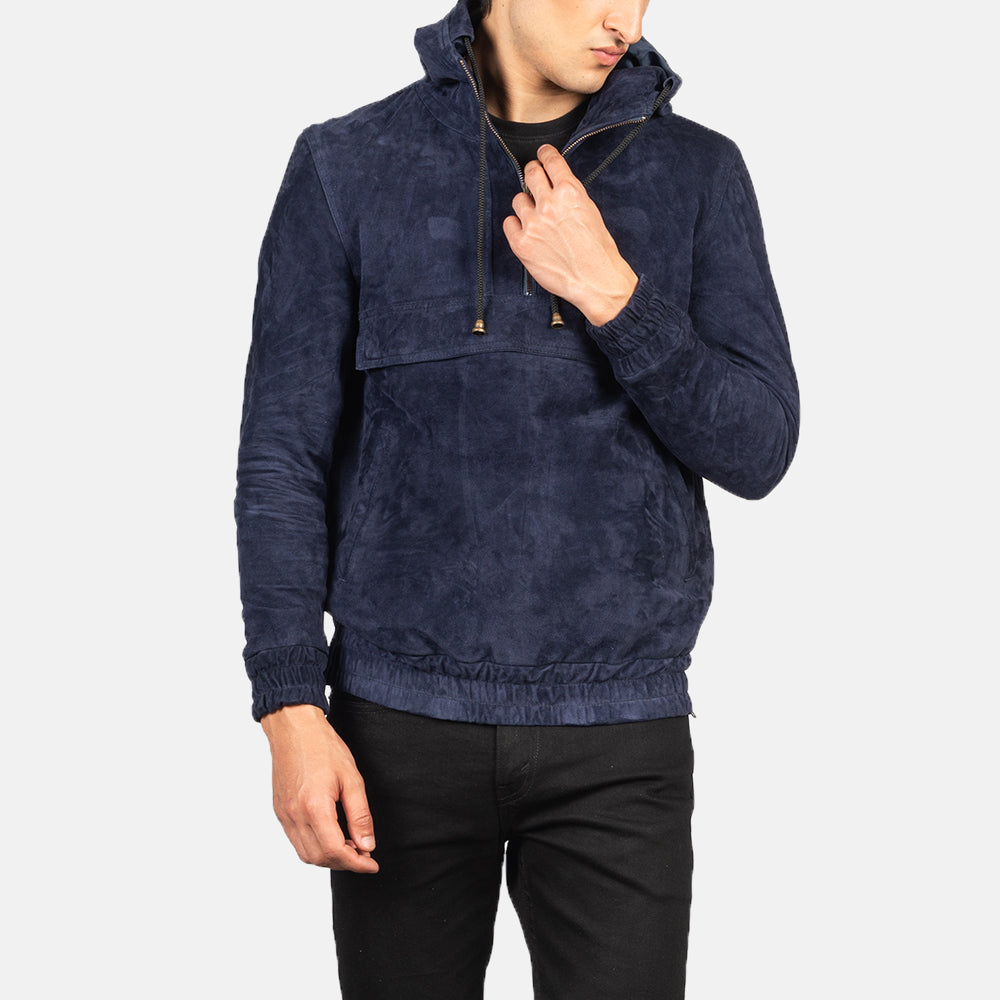Kenton Hooded Blue Suede Pullover Jacket - men's jacket in blue suede leather, view 4