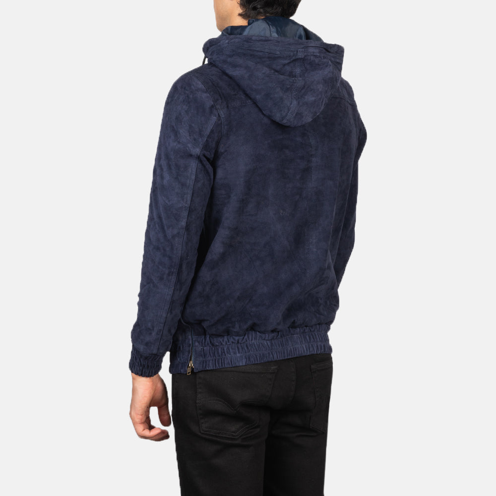 Kenton Hooded Blue Suede Pullover Jacket - men's jacket in blue suede leather, view 5