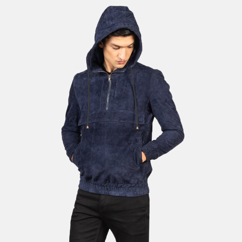 Kenton Hooded Blue Suede Pullover Jacket - men's jacket in blue suede leather, view 6