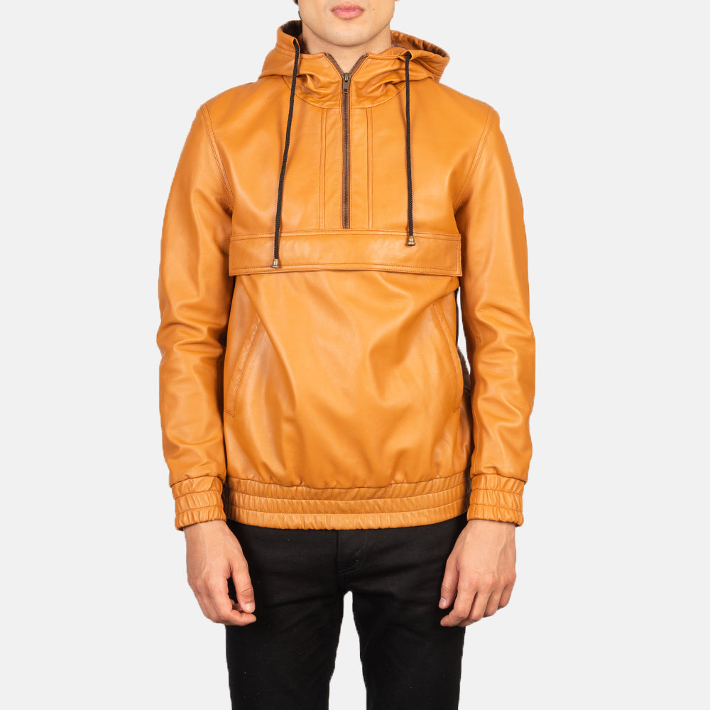 Kenton Hooded Brown Leather Pullover Jacket - men's jacket in brown sheepskin leather, view 1