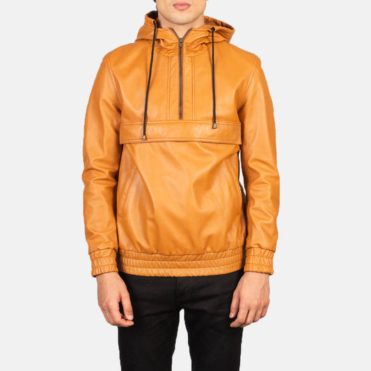 Kenton Hooded Brown Leather Pullover Jacket - men's jacket in brown sheepskin leather, view 1