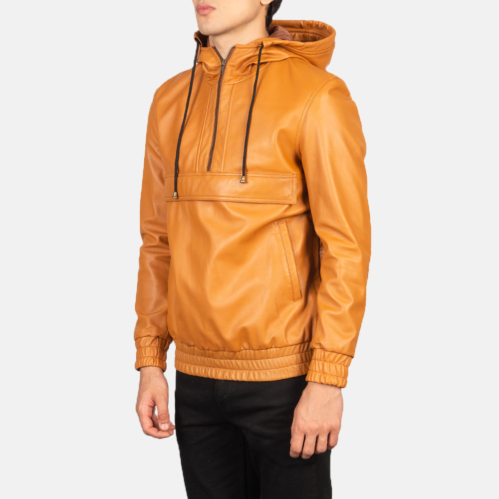 Kenton Hooded Brown Leather Pullover Jacket - men's jacket in brown sheepskin leather, view 2