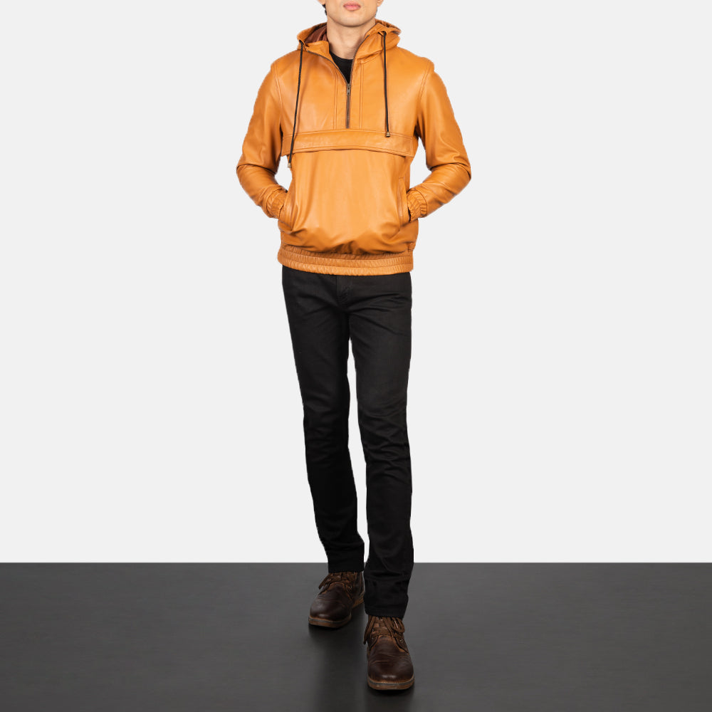 Kenton Hooded Brown Leather Pullover Jacket - men's jacket in brown sheepskin leather, view 3
