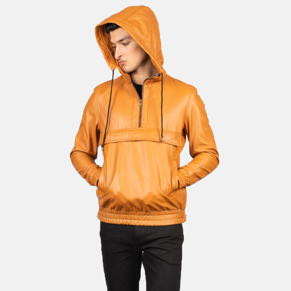 Kenton Hooded Brown Leather Pullover Jacket - men's jacket in brown sheepskin leather, view 4