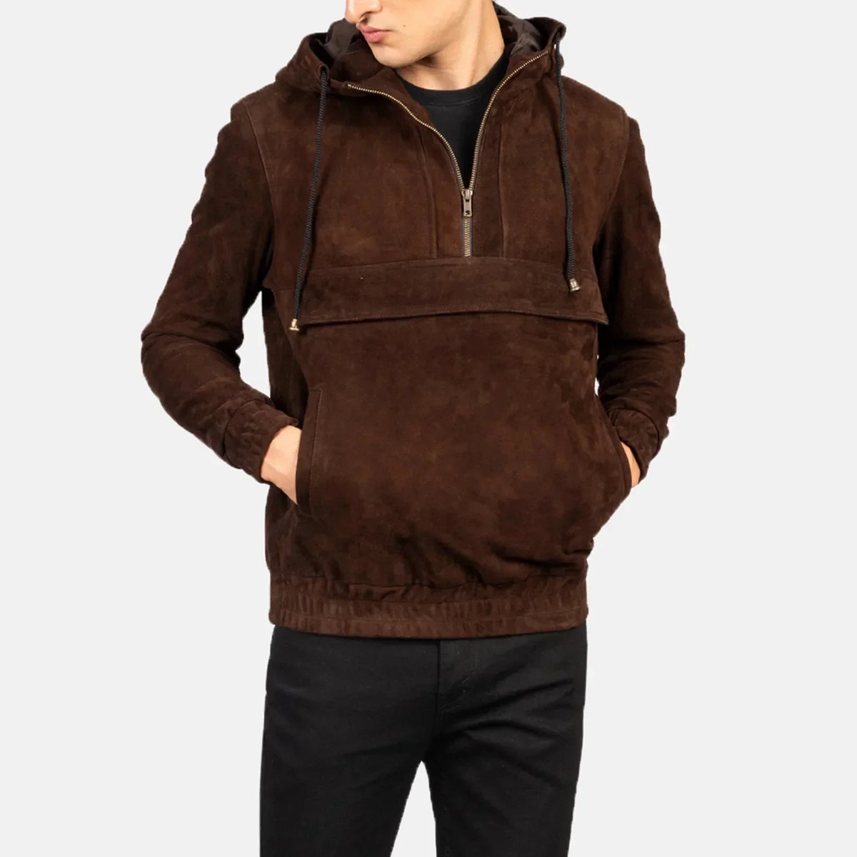 Kenton Hooded Mocha Suede Pullover Jacket - men's jacket in mocha suede leather, view 1