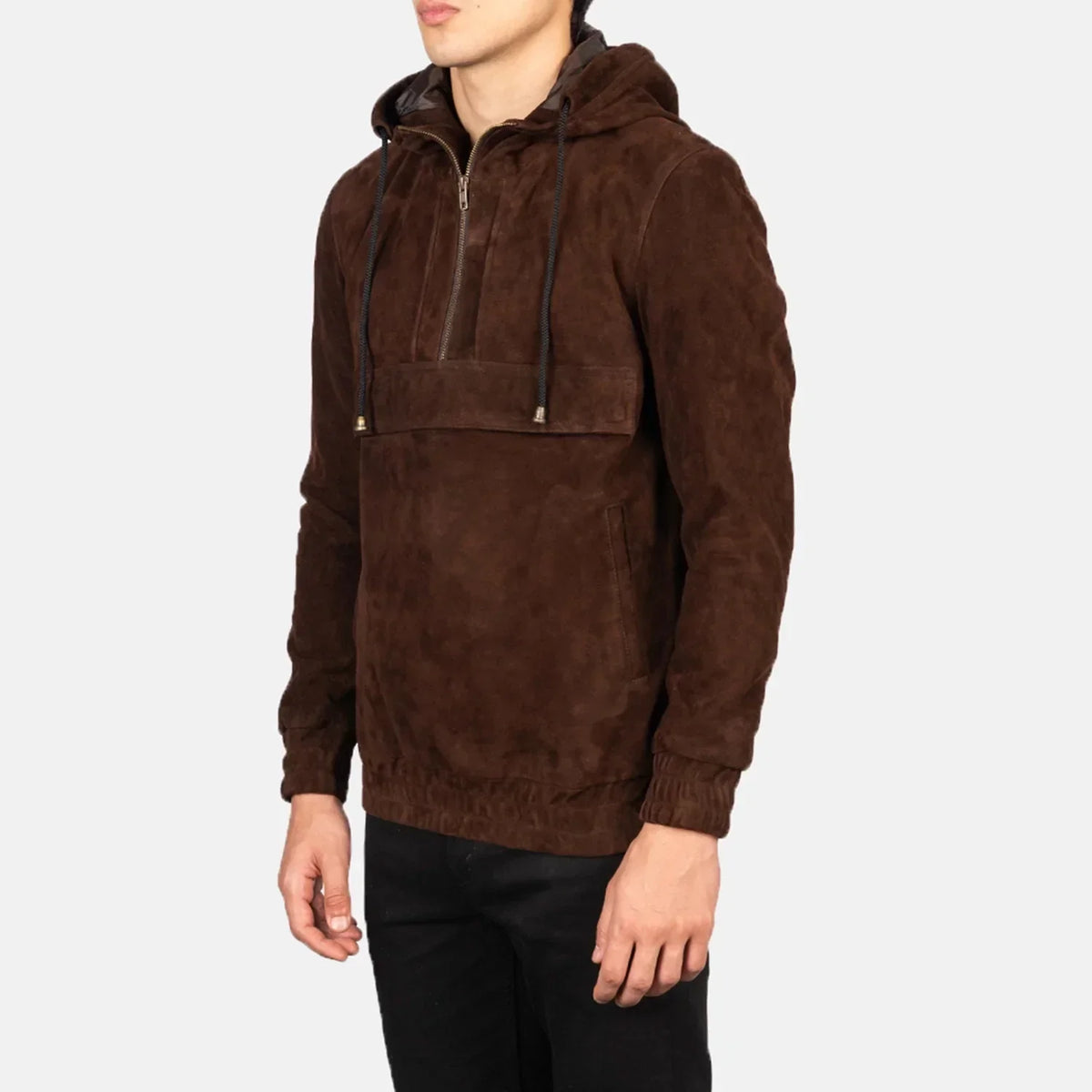 Kenton Hooded Mocha Suede Pullover Jacket - men's jacket in mocha suede leather, view 2