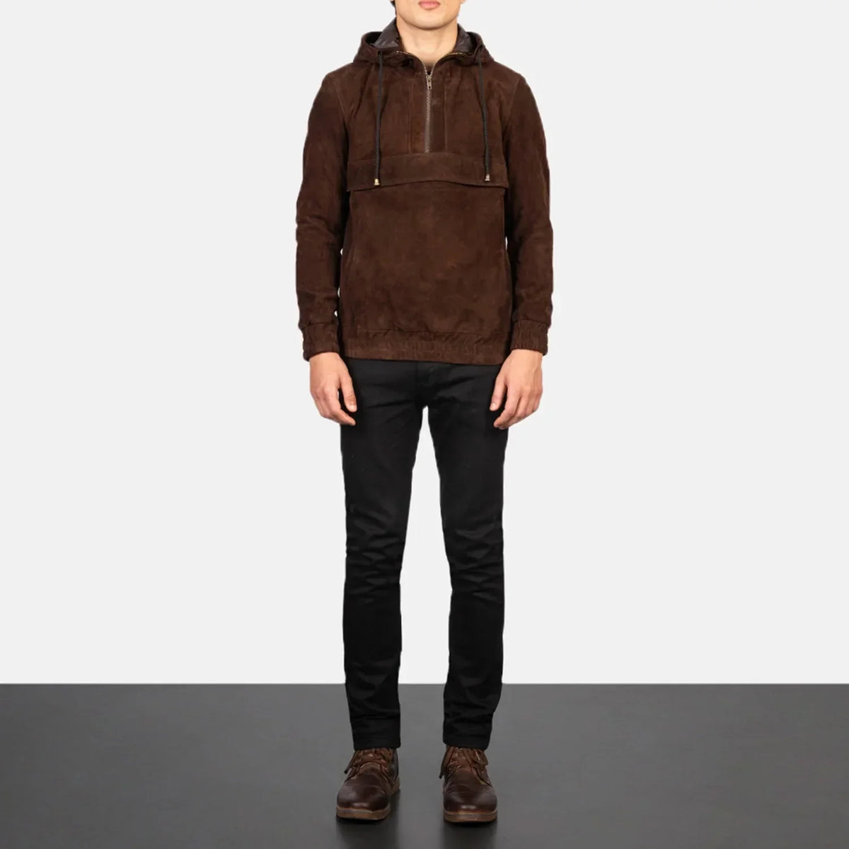 Kenton Hooded Mocha Suede Pullover Jacket - men's jacket in mocha suede leather, view 3