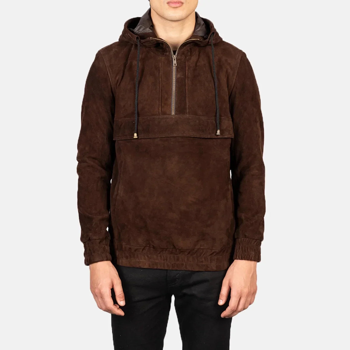 Kenton Hooded Mocha Suede Pullover Jacket - men's jacket in mocha suede leather, view 4