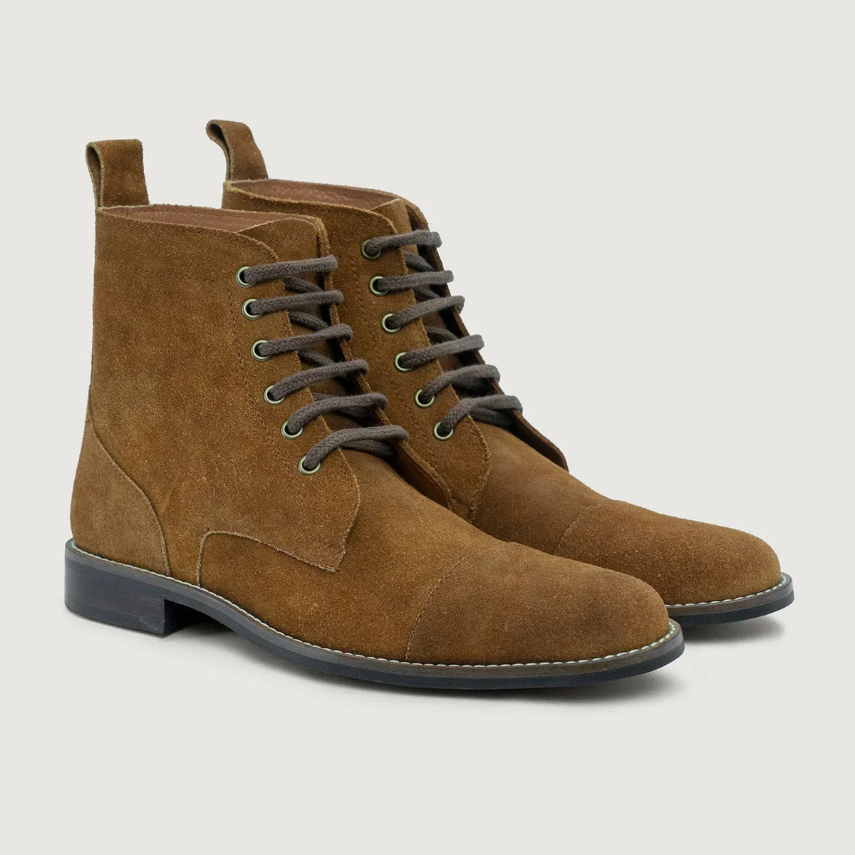 Knight Derby Brown Suede Leather Boots Rugged Sole - men's boots in brown suede leather, view 1