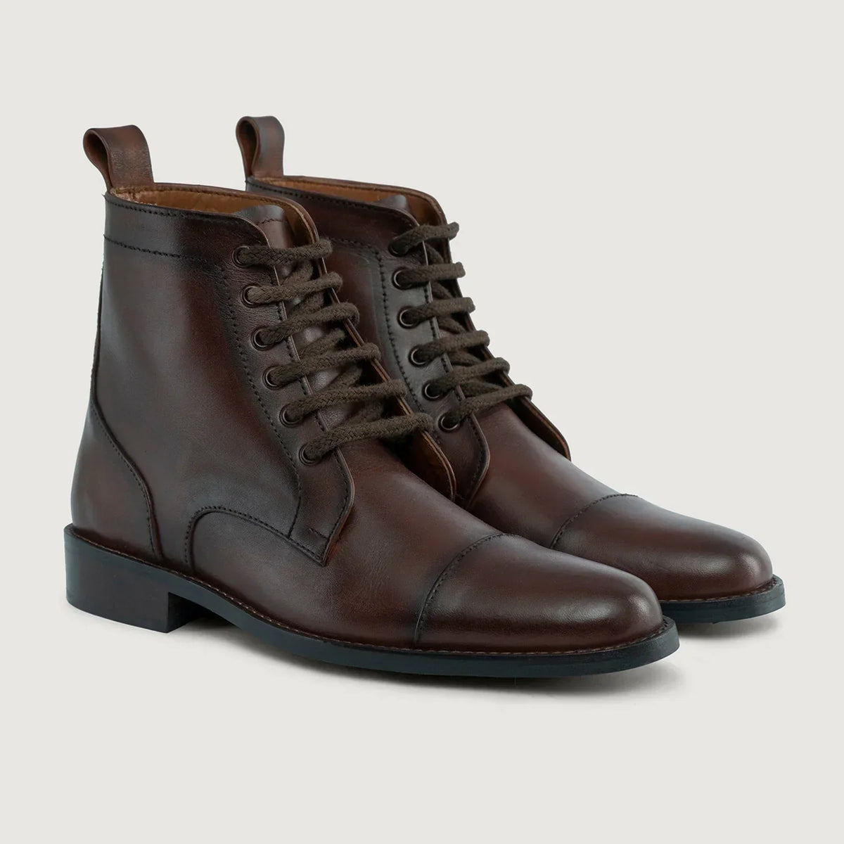 Knight Derby Burnished Brown Leather Boots Rugged Sole - men's boots in brown genuine leather, view 1