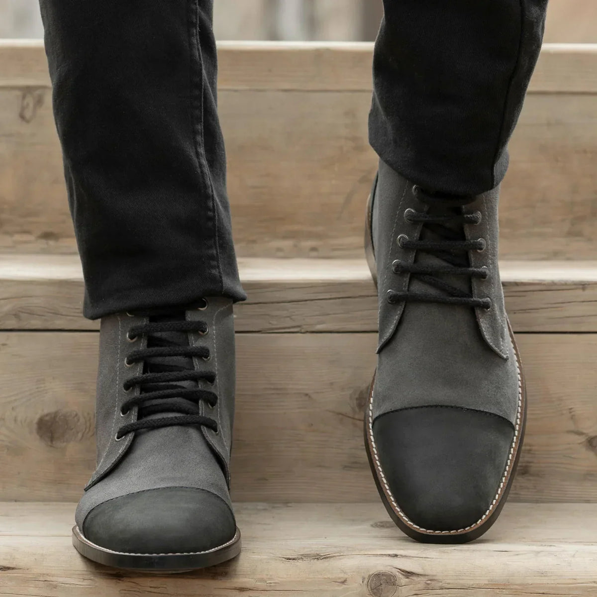 Knight Derby Grey & Black Leather Boots Rugged Sole - men's boots in grey & black genuine leather, view 5