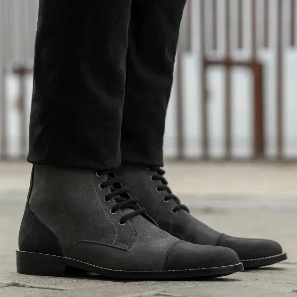 Knight Derby Grey & Black Leather Boots Rugged Sole - men's boots in grey & black genuine leather, view 6