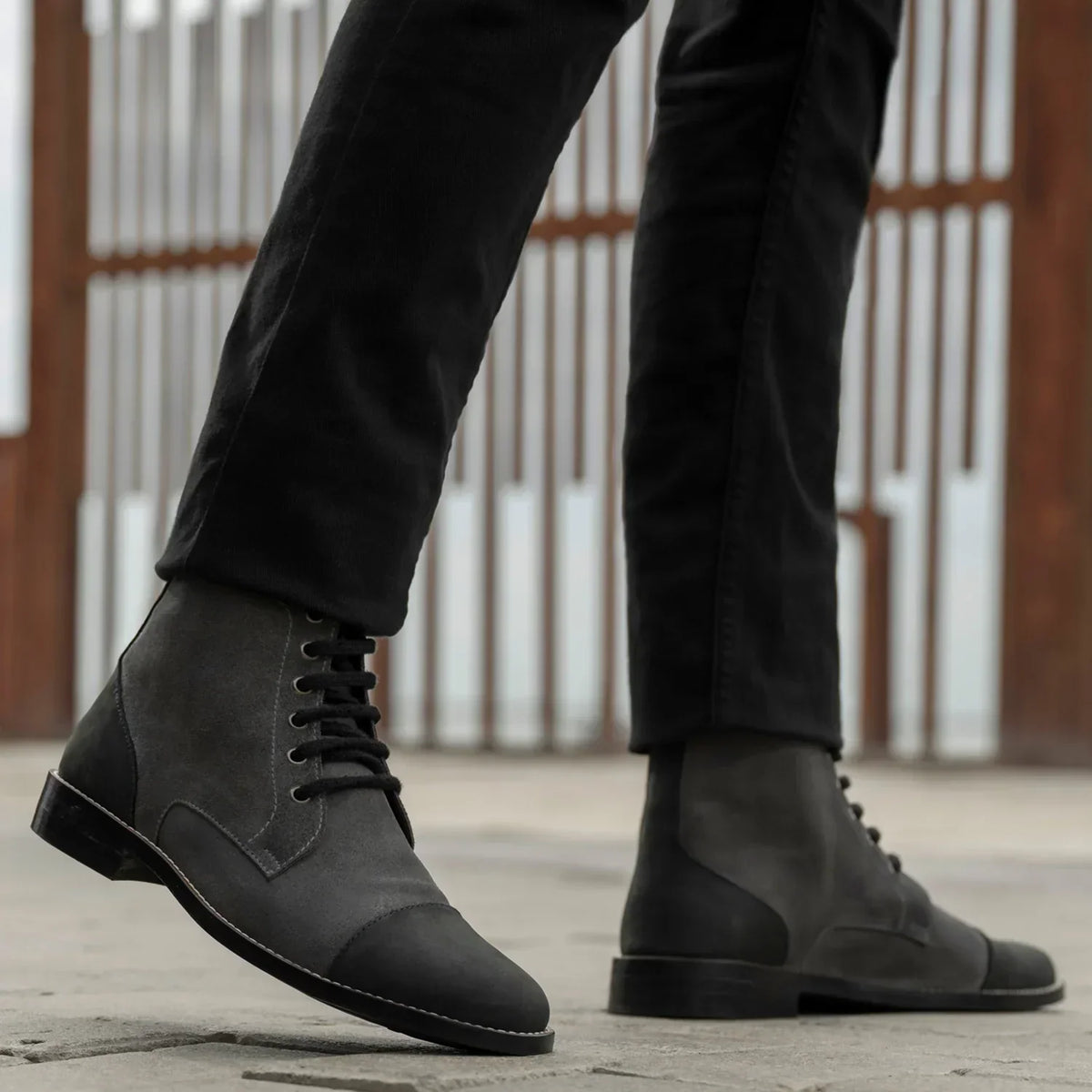Knight Derby Grey & Black Leather Boots Rugged Sole - men's boots in grey & black genuine leather, view 8