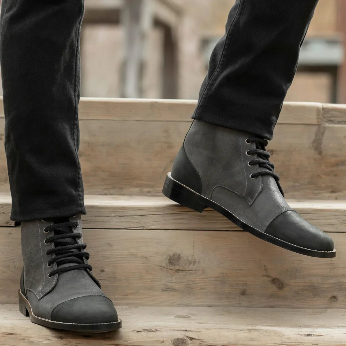 Knight Derby Grey & Black Leather Boots Rugged Sole - men's boots in grey & black genuine leather, view 9