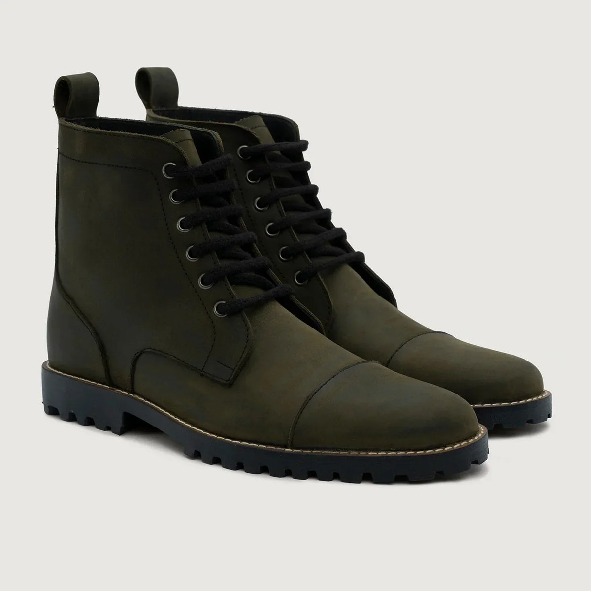 Knight Derby Olive Green Pullup Leather Boots Trail Sole - men's boots in olive green pull-up leather, view 1