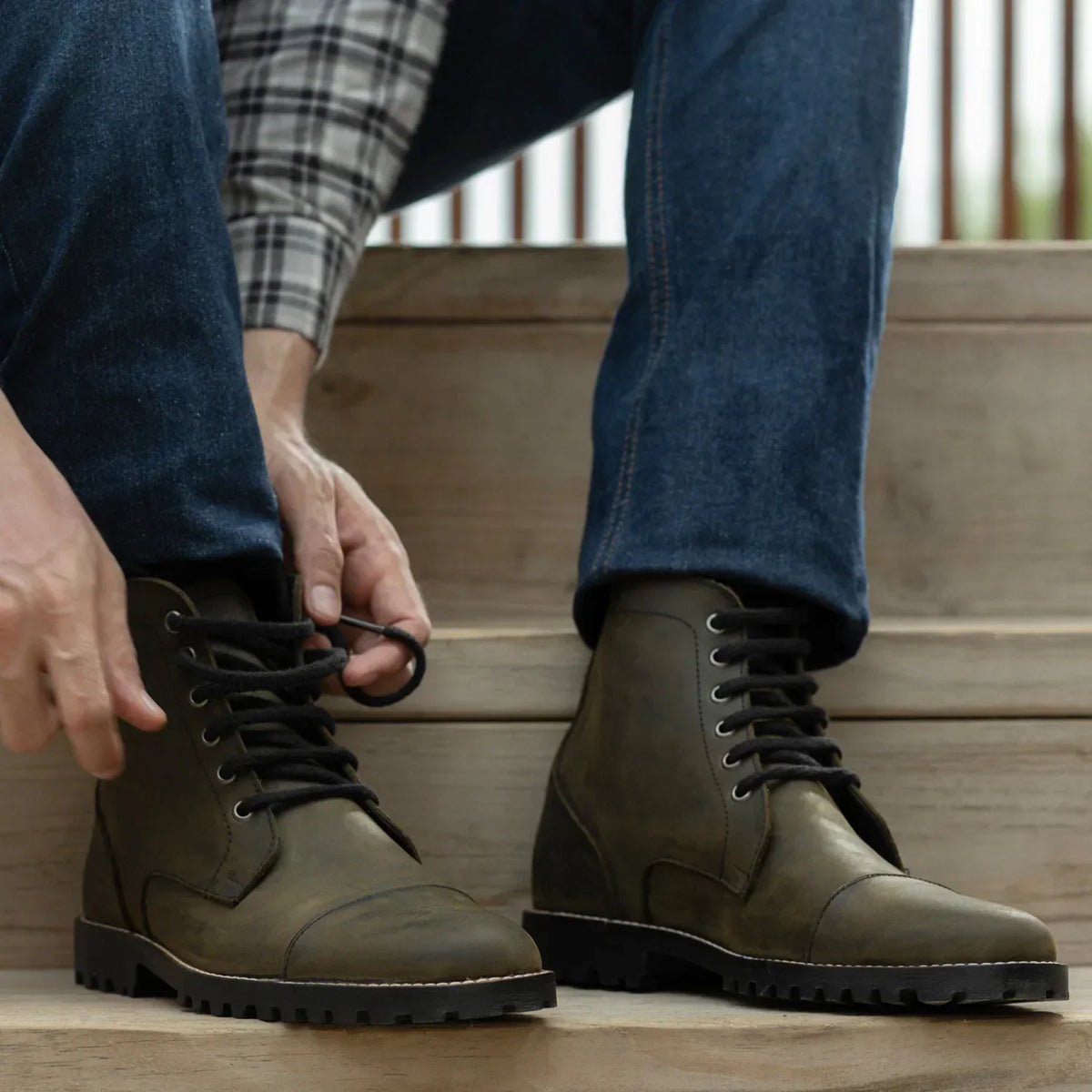 Knight Derby Olive Green Pullup Leather Boots Trail Sole - men's boots in olive green pull-up leather, view 10
