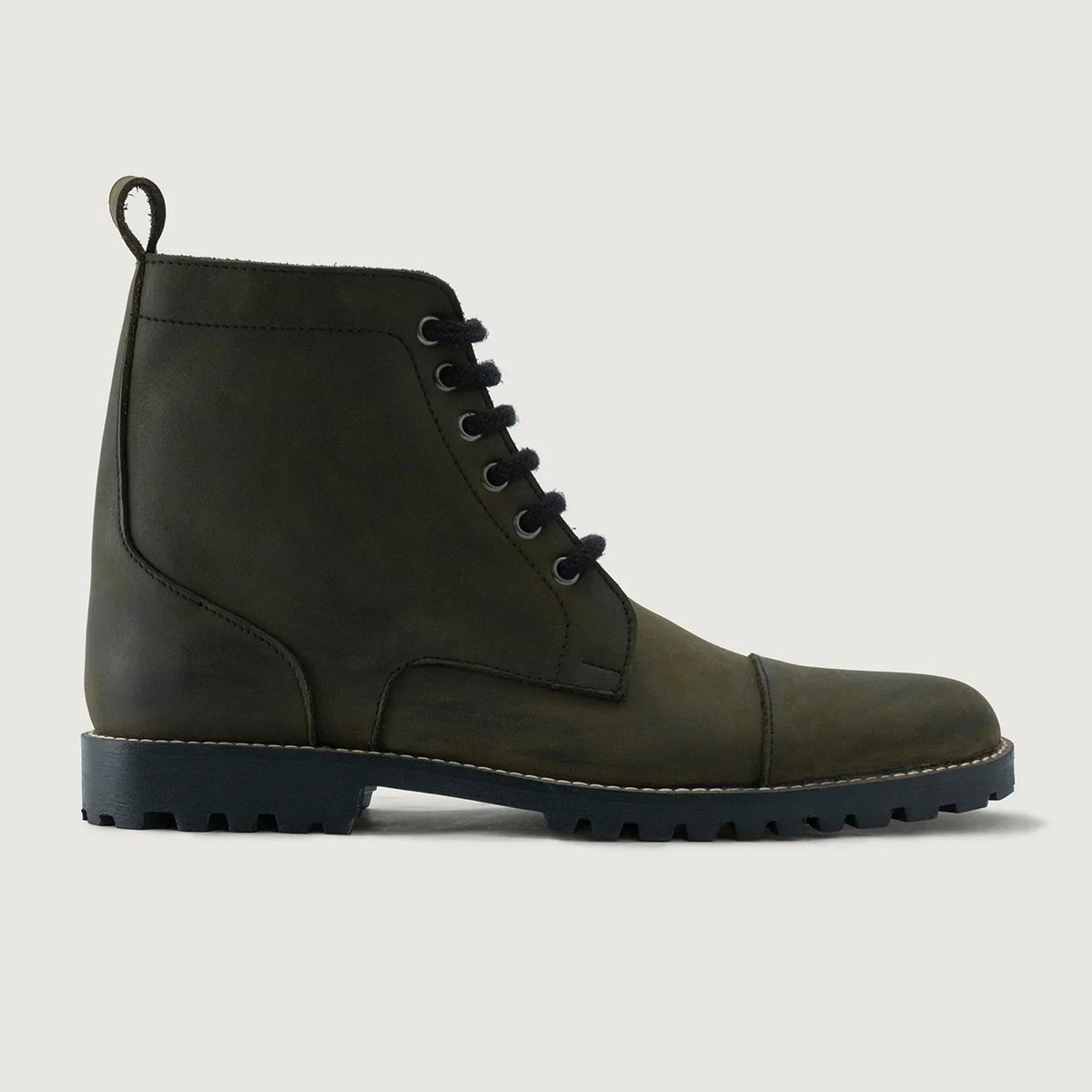 Knight Derby Olive Green Pullup Leather Boots Trail Sole - men's boots in olive green pull-up leather, view 2