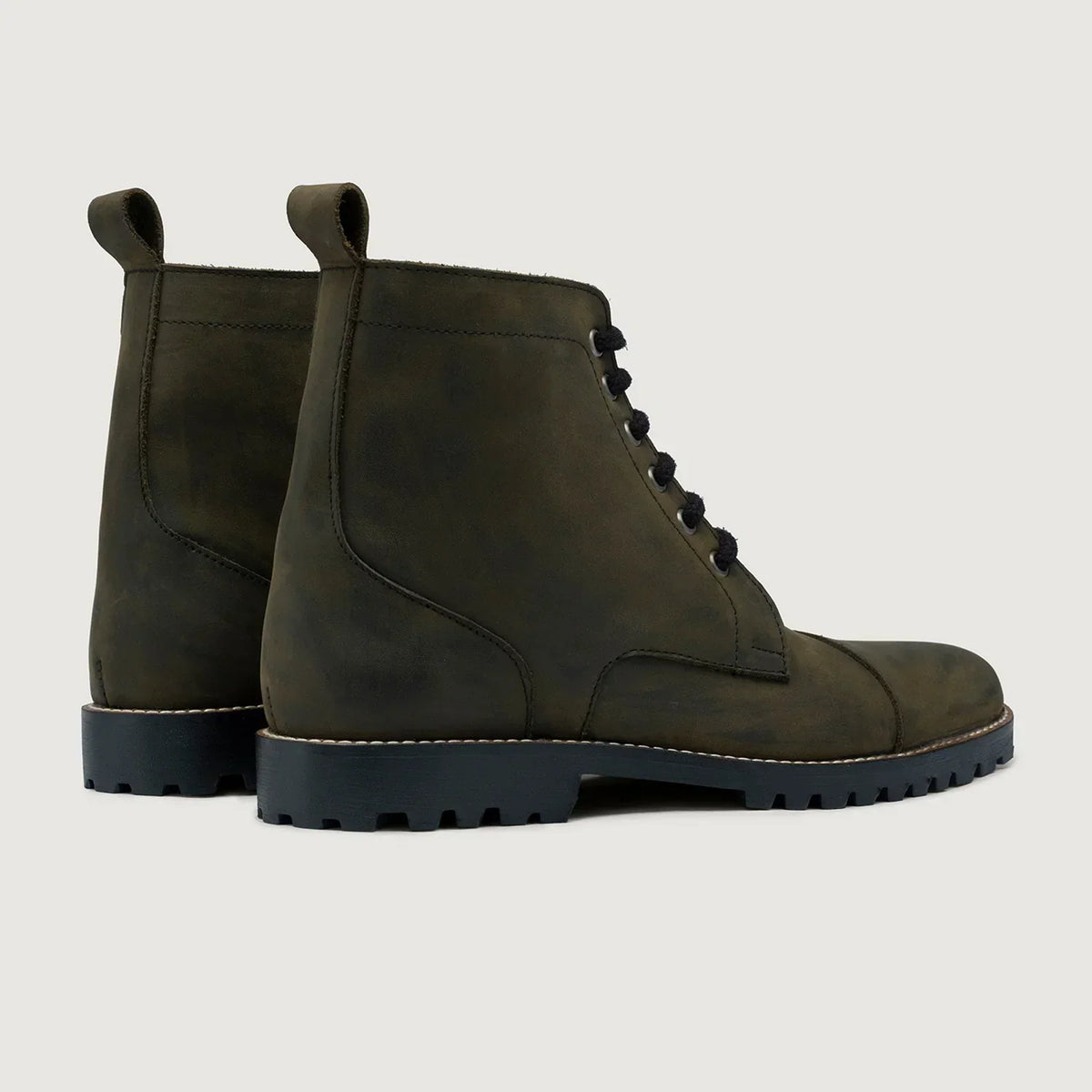 Knight Derby Olive Green Pullup Leather Boots Trail Sole - men's boots in olive green pull-up leather, view 3