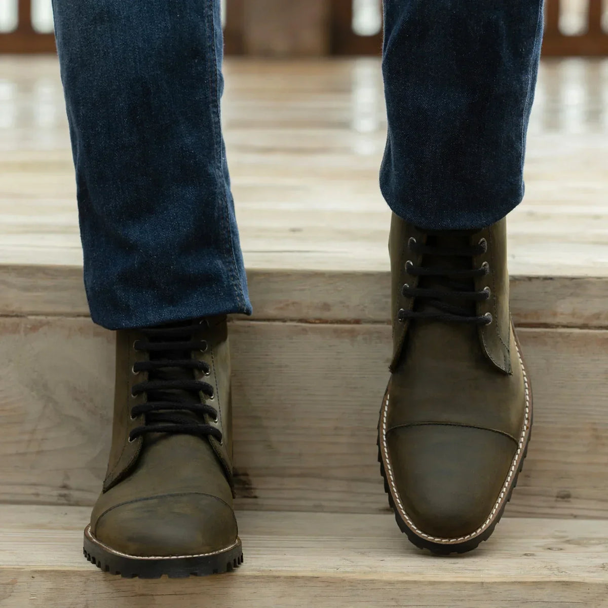 Knight Derby Olive Green Pullup Leather Boots Trail Sole - men's boots in olive green pull-up leather, view 5