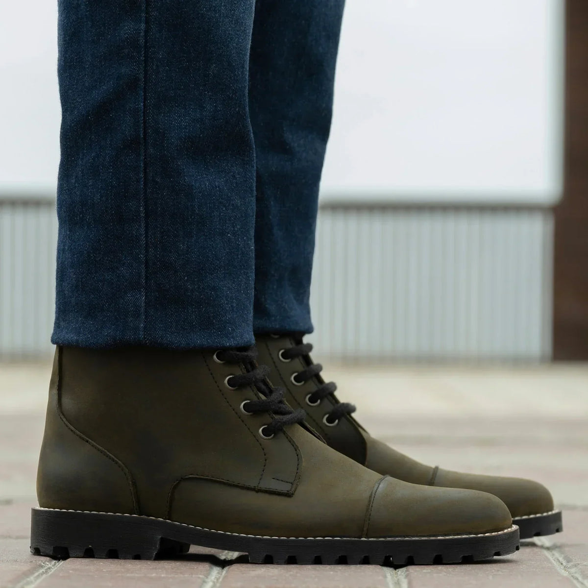 Knight Derby Olive Green Pullup Leather Boots Trail Sole - men's boots in olive green pull-up leather, view 6
