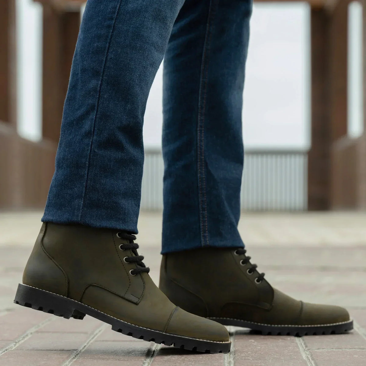 Knight Derby Olive Green Pullup Leather Boots Trail Sole - men's boots in olive green pull-up leather, view 7