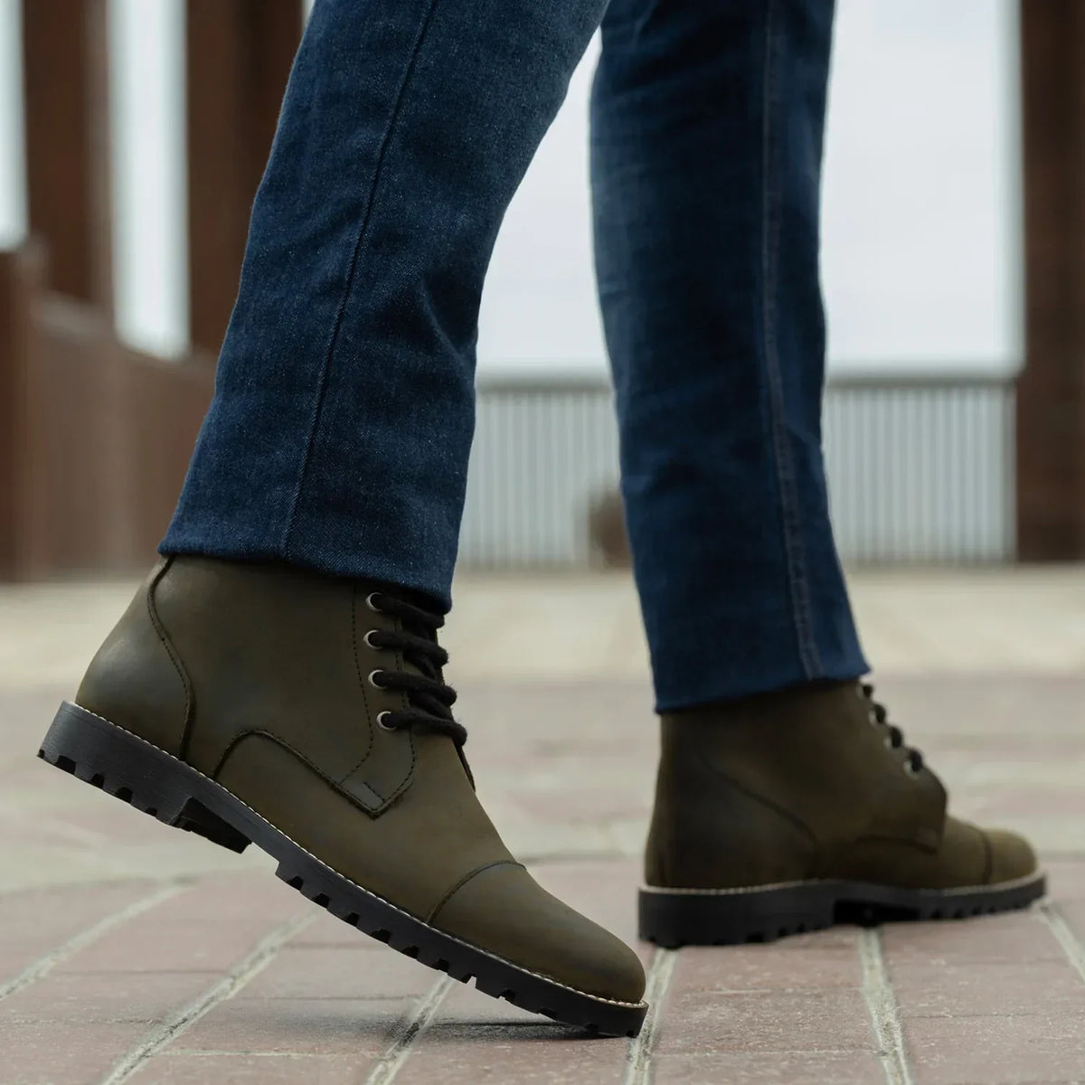 Knight Derby Olive Green Pullup Leather Boots Trail Sole - men's boots in olive green pull-up leather, view 8