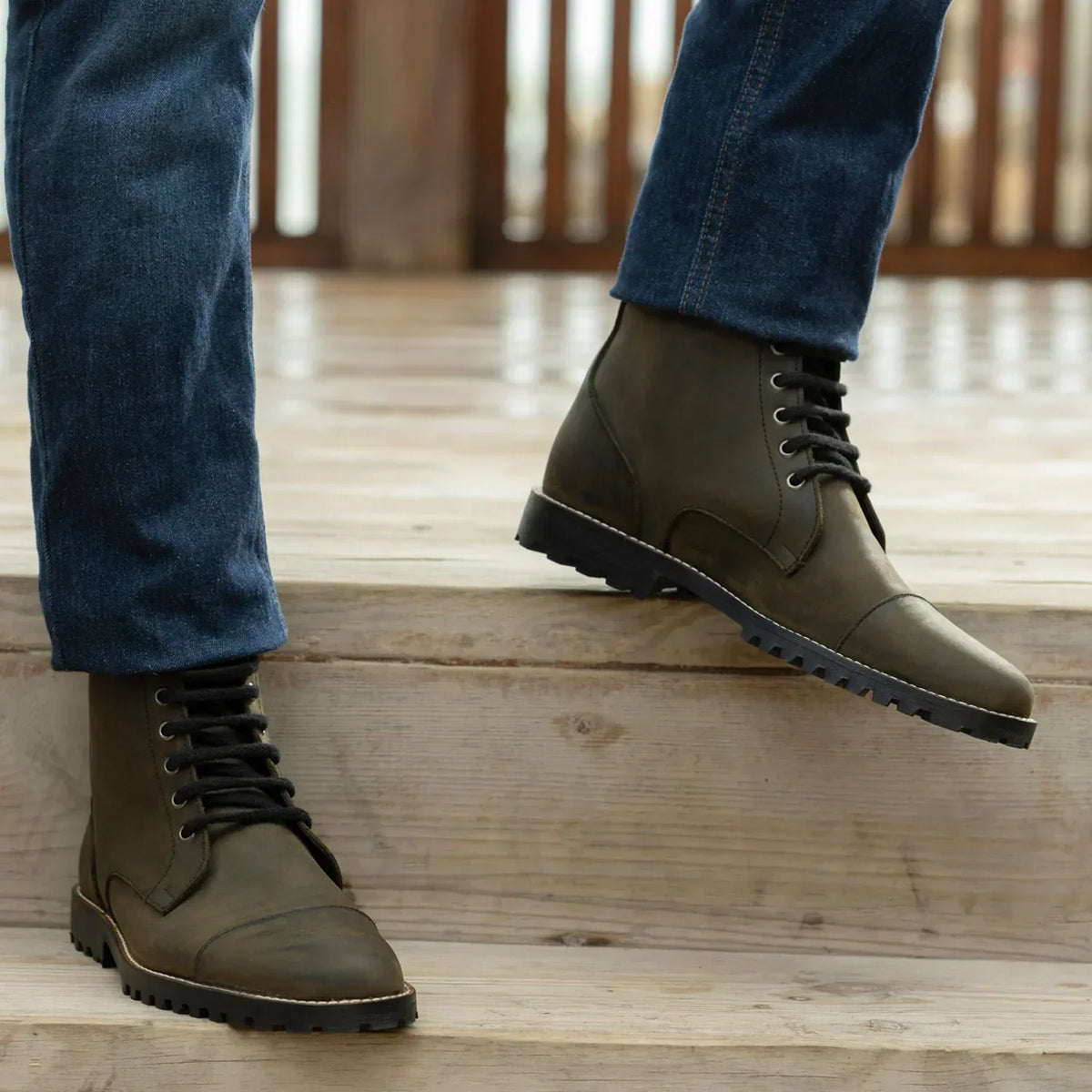 Knight Derby Olive Green Pullup Leather Boots Trail Sole - men's boots in olive green pull-up leather, view 9