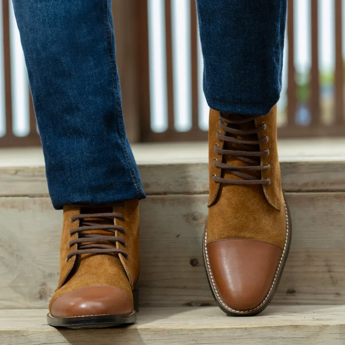 Knight Derby Tan & Brown Leather Boots Rugged Sole - men's boots in tan & brown genuine leather, view 5