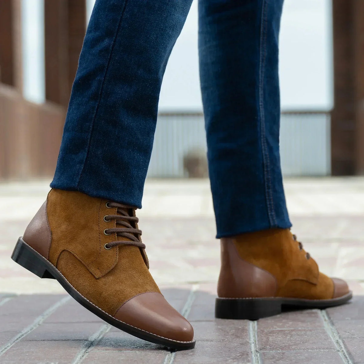 Knight Derby Tan & Brown Leather Boots Rugged Sole - men's boots in tan & brown genuine leather, view 8
