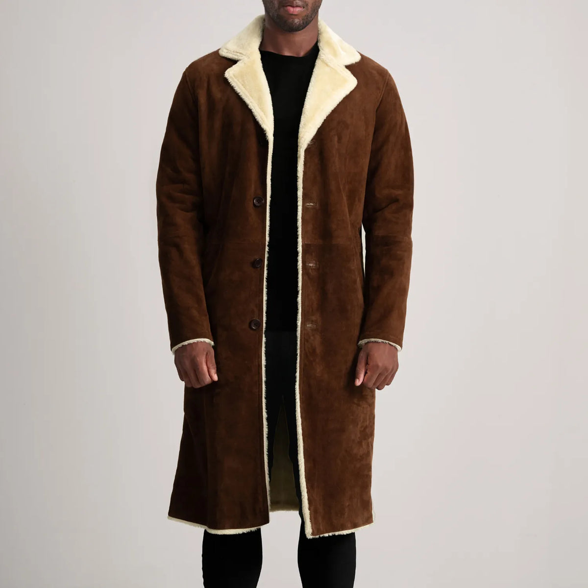 Kolby Brown Suede Shearling Coat - men's coat in brown suede leather, view 1
