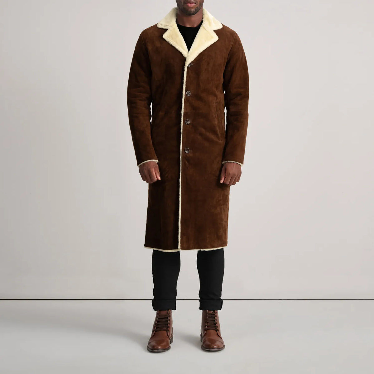 Kolby Brown Suede Shearling Coat - men's coat in brown suede leather, view 3