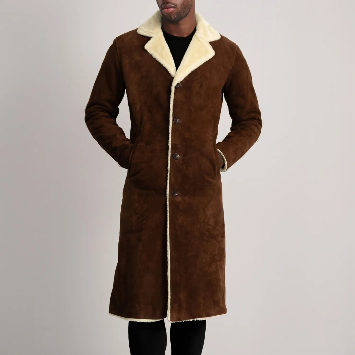 Kolby Brown Suede Shearling Coat - men's coat in brown suede leather, view 4