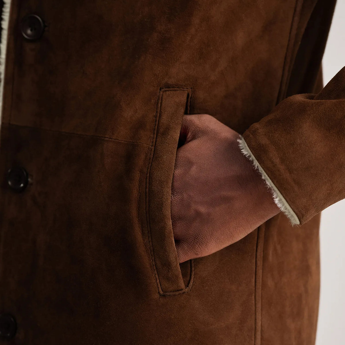 Kolby Brown Suede Shearling Coat - men's coat in brown suede leather, view 6
