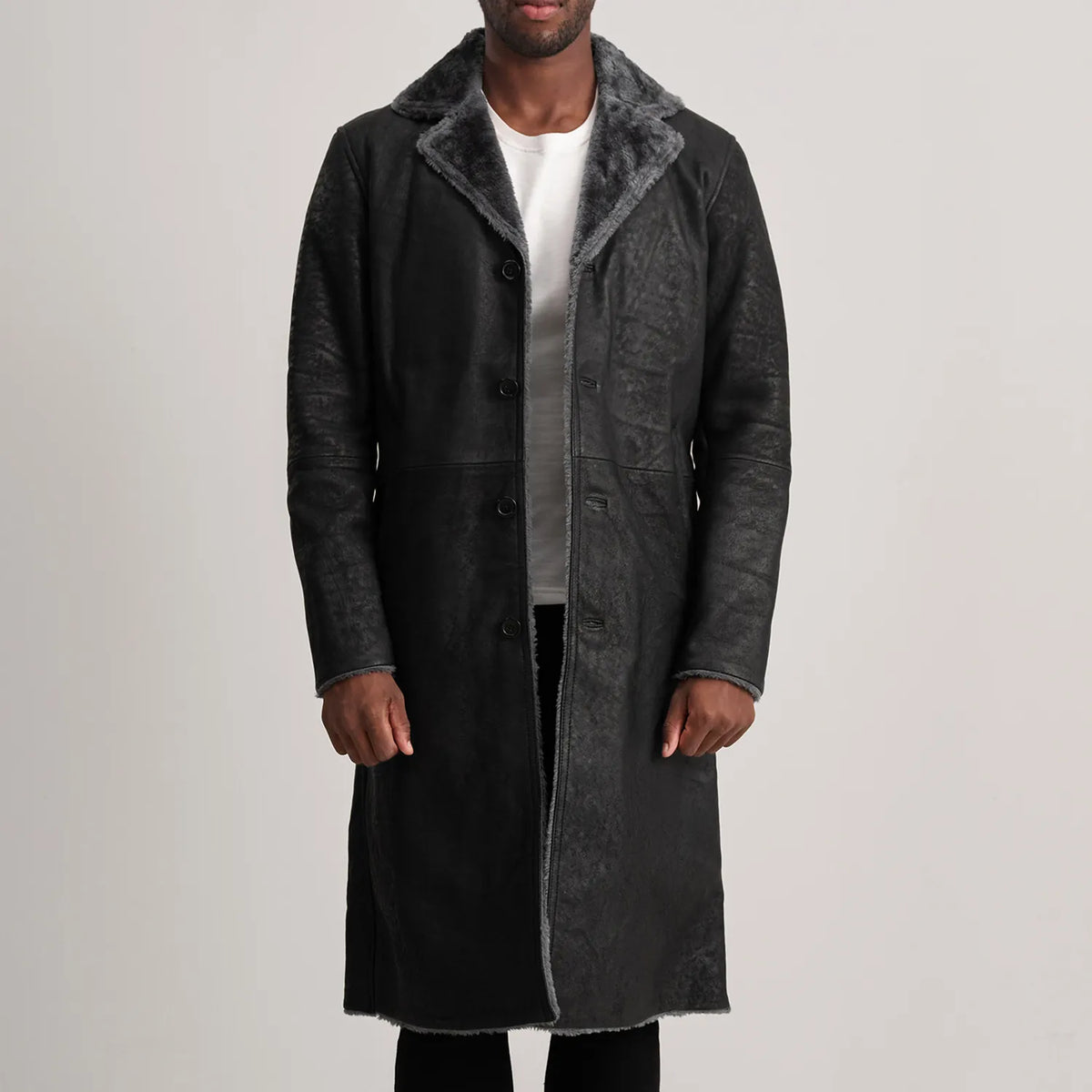 Kolby Distressed Black Leather Shearling Coat - men's coat in black sheepskin leather, view 1