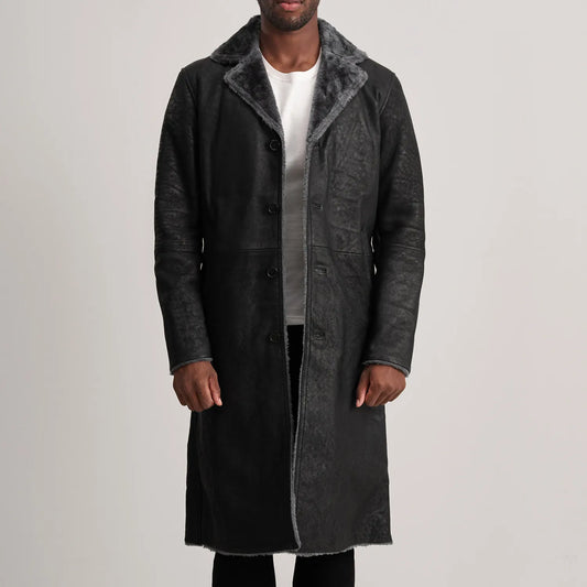 Kolby Distressed Black Leather Shearling Coat - men's coat in black sheepskin leather, view 1