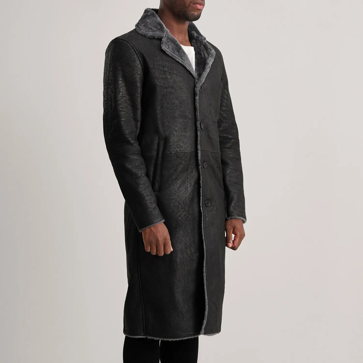 Kolby Distressed Black Leather Shearling Coat - men's coat in black sheepskin leather, view 2