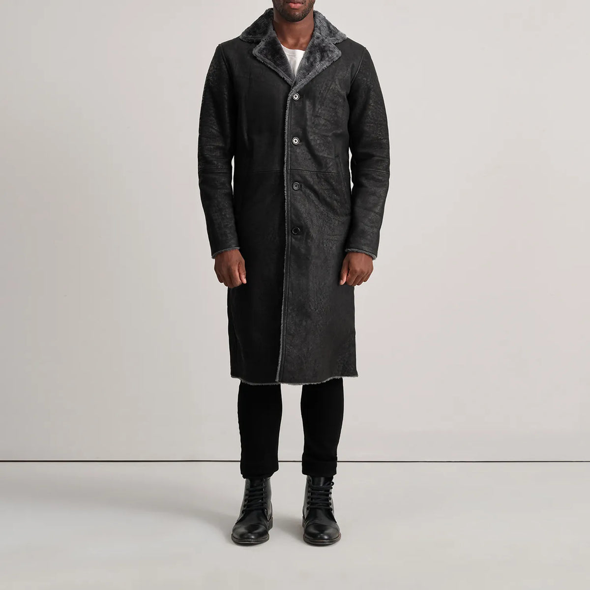 Kolby Distressed Black Leather Shearling Coat - men's coat in black sheepskin leather, view 3