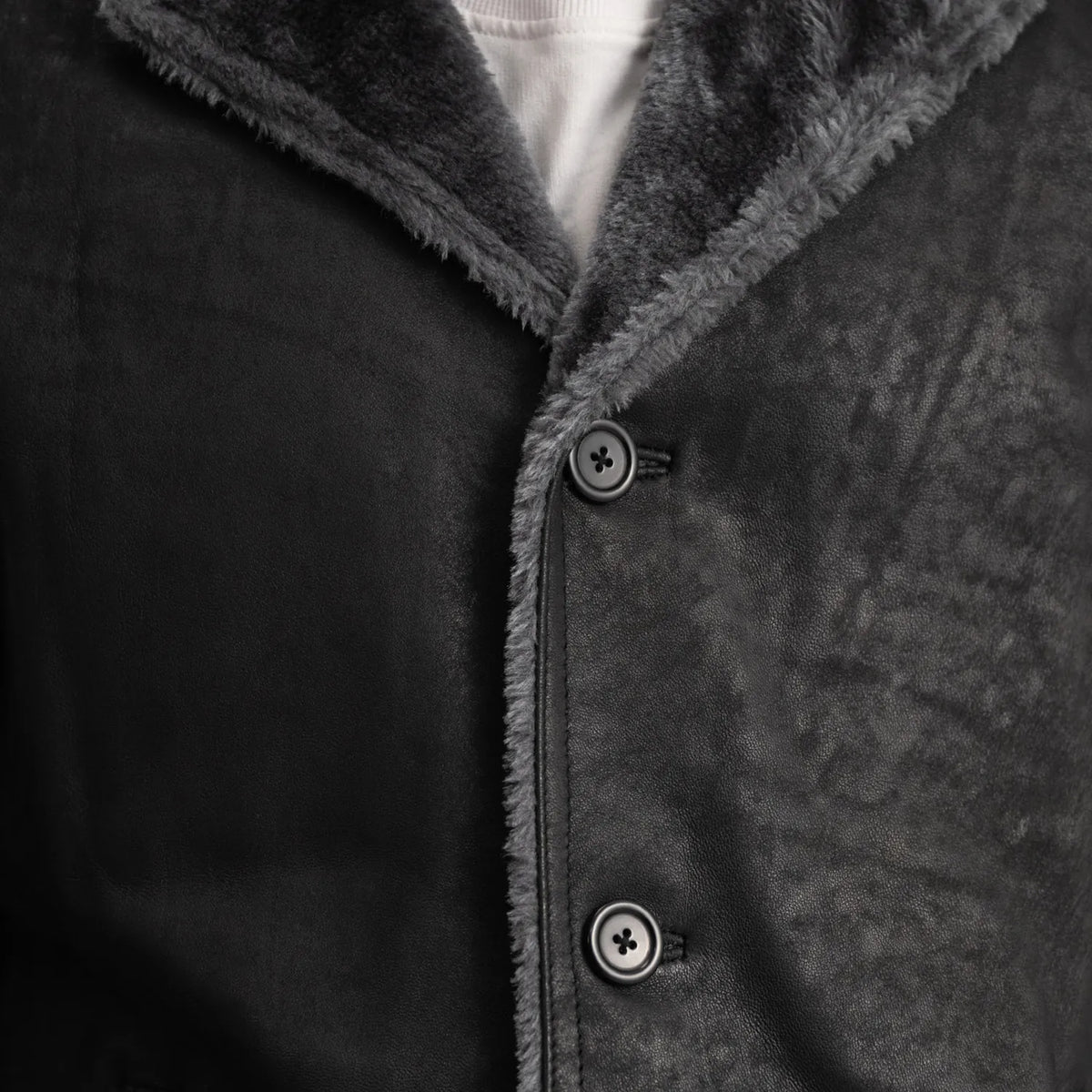 Kolby Distressed Black Leather Shearling Coat - men's coat in black sheepskin leather, view 4