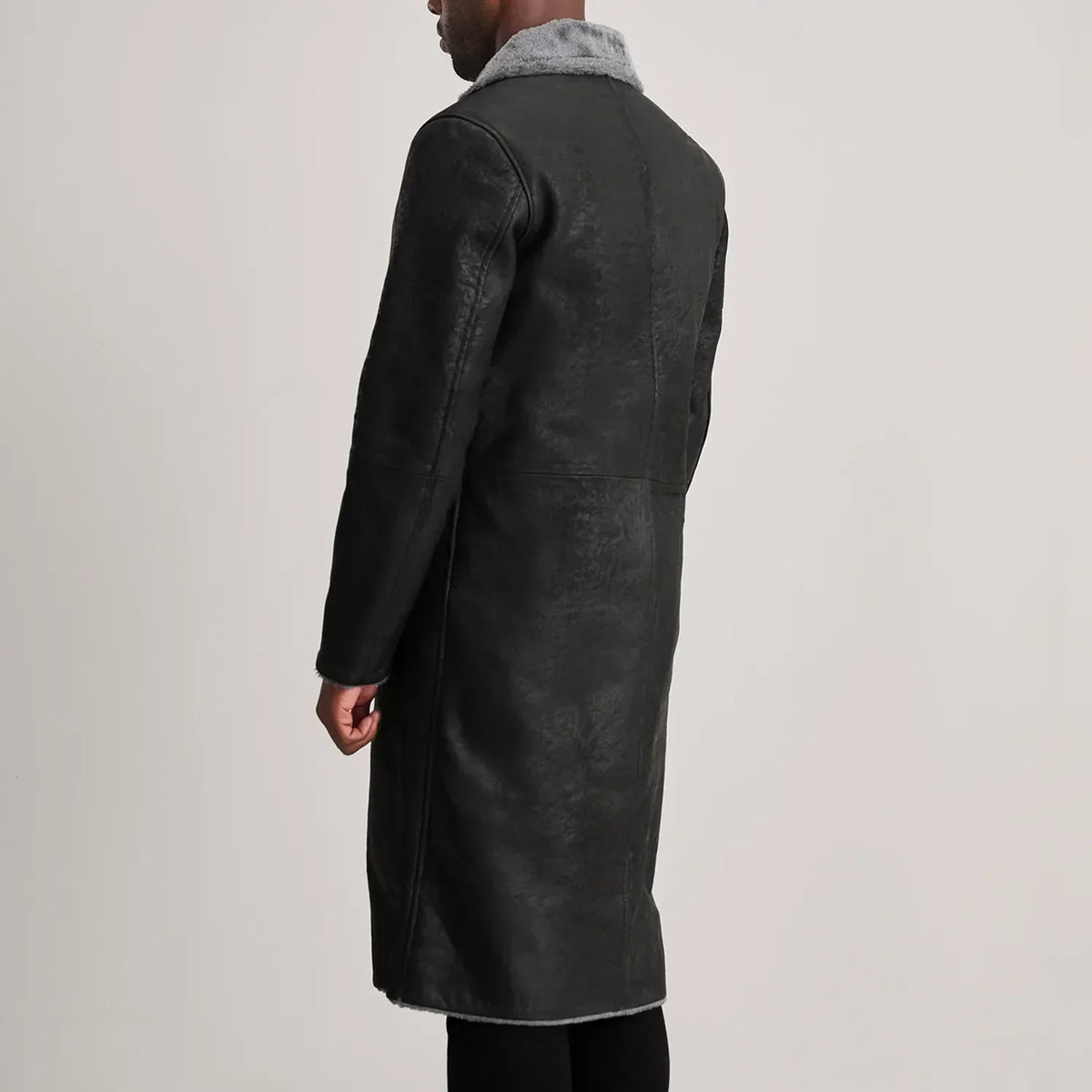Kolby Distressed Black Leather Shearling Coat - men's coat in black sheepskin leather, view 5