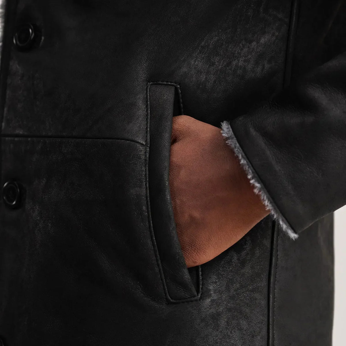 Kolby Distressed Black Leather Shearling Coat - men's coat in black sheepskin leather, view 6