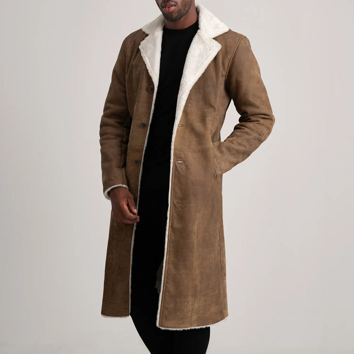 Kolby Distressed Brown Leather Shearling Coat - men's coat in brown sheepskin leather, view 1