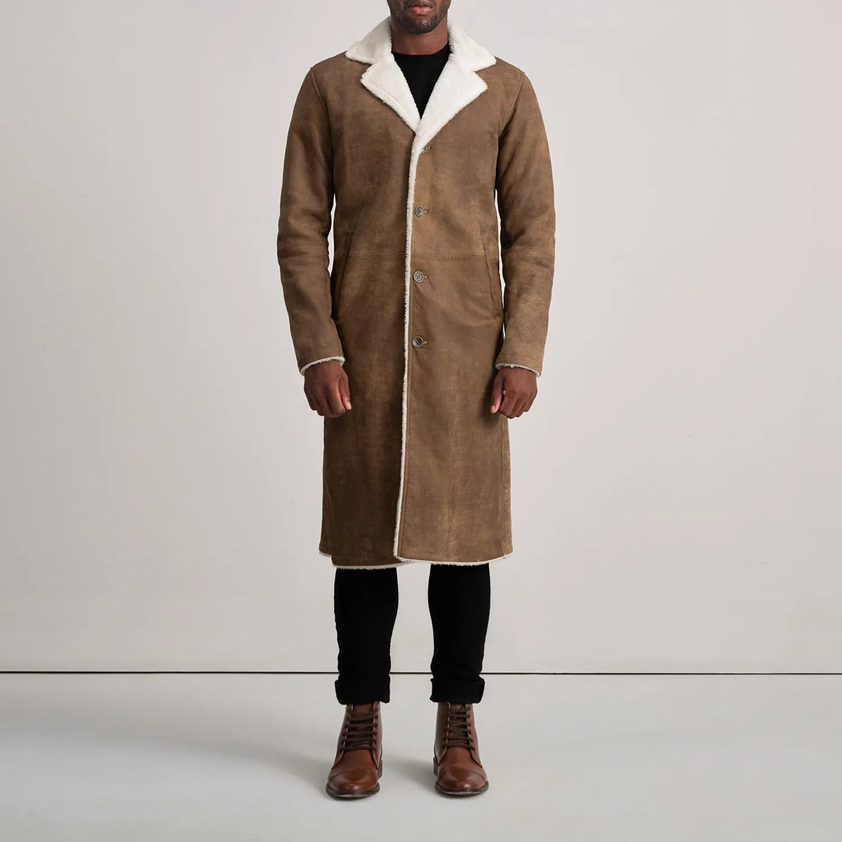Kolby Distressed Brown Leather Shearling Coat - men's coat in brown sheepskin leather, view 3