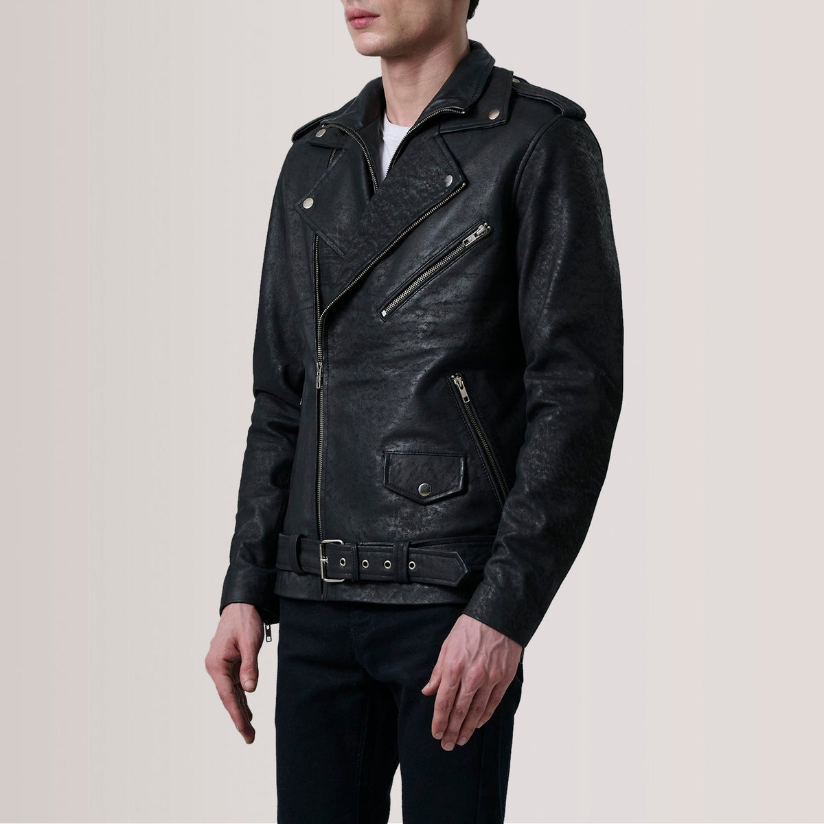 Kole Distressed Black Leather Double Rider Jacket - men's jacket in black premium leather, view 3