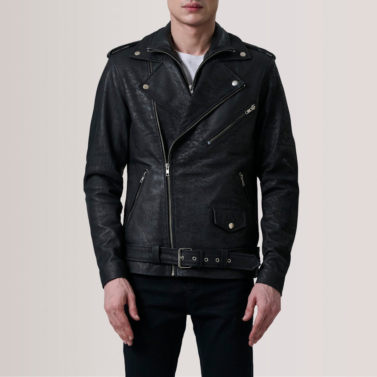 Kole Distressed Black Leather Double Rider Jacket - men's jacket in black premium leather, view 5