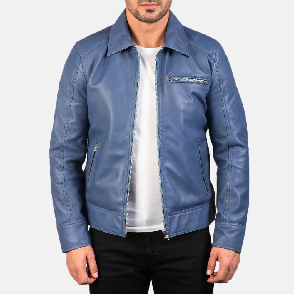 Lavendard Blue Leather Biker Jacket - men's jacket in blue sheepskin leather, view 1